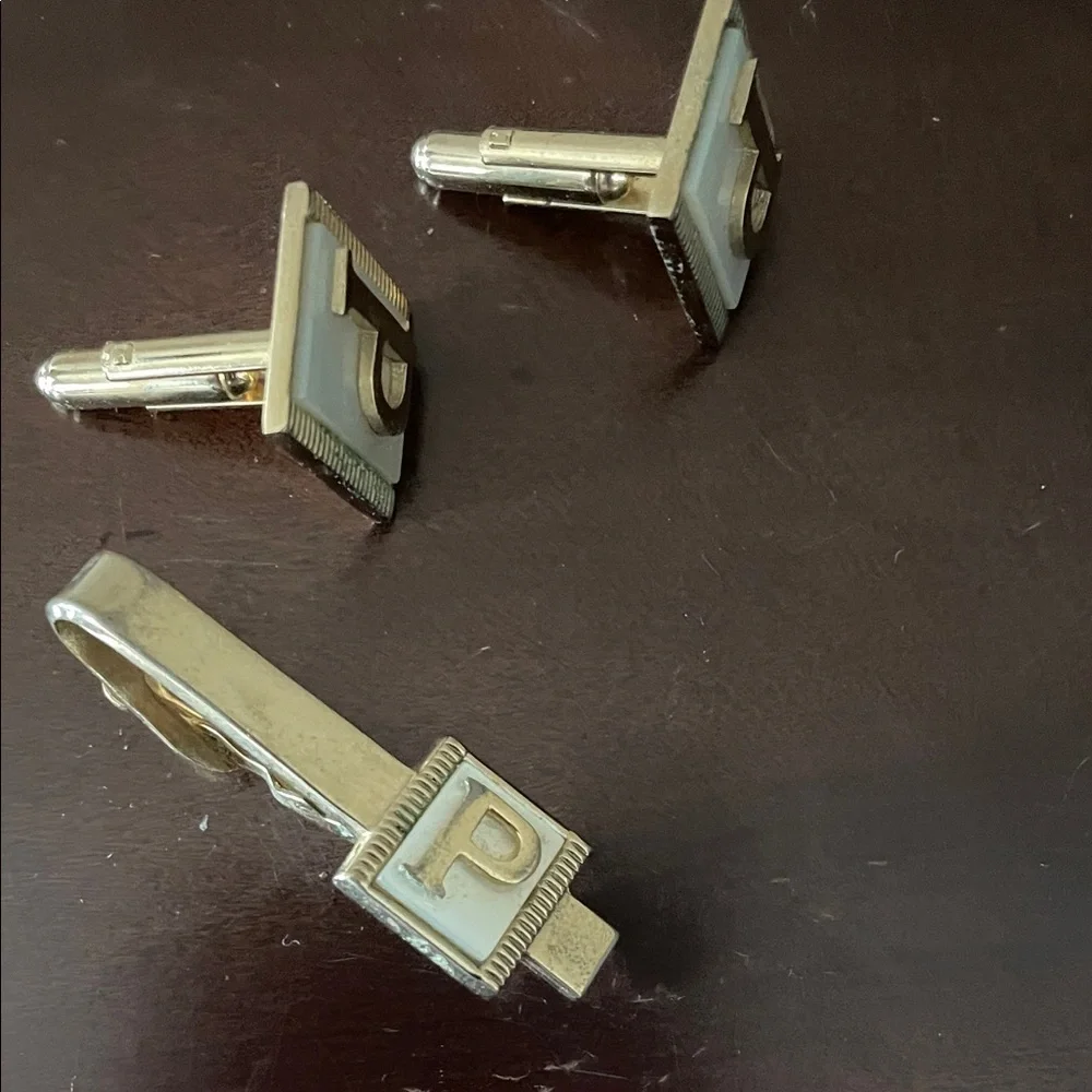 SWANK Silver and White Monogram Cufflinks and Tie Clip